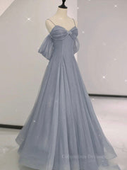 Party Dress Express Photos, Gray A line tulle off shoulder prom dress, gray long evening dress