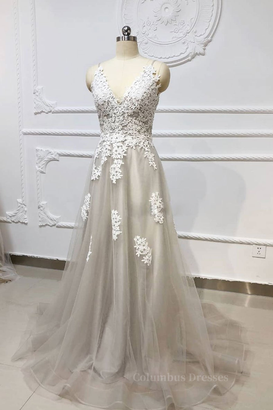Prom Dresses Cute, Gray A Line V Neck Lace Appliques Tulle Long Prom Dresses, Lace Gray Formal Dresses, Evening Dresses 2019