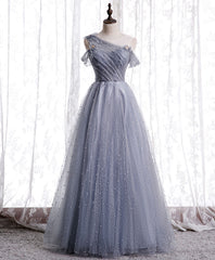 Formal Dress Ballgown, Gray Aline Long Prom Dress, One Shoulder Gray Formal Party Dresses