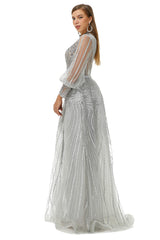 Evening Dress With Sleeve, Gray Beaded Mermaid Long sleeves Prom Dresses