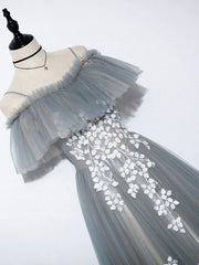 Wedding Bouquet, Gray Blue A line Tulle Lace Long Prom Dress, Gray Blue Graduation Dresses
