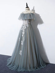 Bridesmaid Dresses Floral, Gray Blue A line Tulle Lace Long Prom Dress, Gray Blue Graduation Dresses