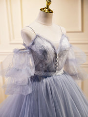 Prom Dress Sites, Gray Blue A-Line Tulle Lace Long Prom Dresses, Gray Blue Formal Graduation Dress