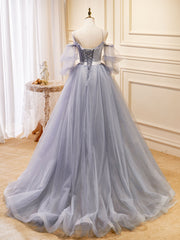 Prom Dresses Affordable, Gray Blue A-Line Tulle Lace Long Prom Dresses, Gray Blue Formal Graduation Dress
