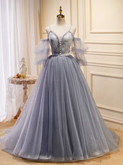 Prom Dresses Sites, Gray Blue A-Line Tulle Lace Long Prom Dresses, Gray Blue Formal Graduation Dress