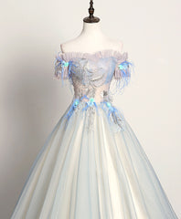 Prom Dresses Cheap, Gray Blue Sweetheart Lace Long Prom Dress, Gray Blue Tulle Evening Dress