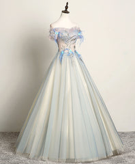 Prom Dresses 2023, Gray Blue Sweetheart Lace Long Prom Dress, Gray Blue Tulle Evening Dress