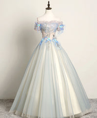 Prom Dresses Vintage, Gray Blue Sweetheart Lace Long Prom Dress, Gray Blue Tulle Evening Dress