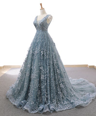Homecomming Dresses Lace, Gray Blue Tulle Lace Long Prom Dress Gray Blue Lace Evening Dress