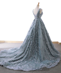 Homecoming Dresses Laces, Gray Blue Tulle Lace Long Prom Dress Gray Blue Lace Evening Dress