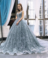Homecoming Dresses Silk, Gray Blue Tulle Lace Long Prom Dress Gray Blue Lace Evening Dress