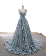 Homecoming Dress Lace, Gray Blue Tulle Lace Long Prom Dress Gray Blue Lace Evening Dress