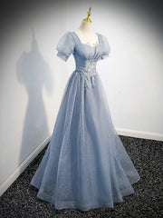 Wedding Shoes Bride, Gray Blue Tulle Long Prom Dress, Gray Blue Tulle Formal Evening Dresses