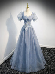 Elegant Prom Dress, Gray Blue Tulle Long Prom Dress, Gray Blue Tulle Formal Evening Dresses