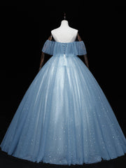 Party Dress Classy, Gray Blue Tulle Off Shoulder Long Prom Dress, Blue Tulle Formal Dresses