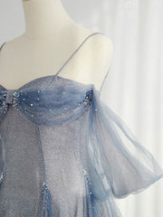 Party Dress Fancy, Gray Blue Tulle Tea Length Prom Dress, Blue A line Formal Dresses