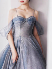 Party Dress On Line, Gray Blue Tulle Tea Length Prom Dress, Blue A line Formal Dresses