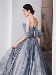 Party Dress Style Shop, Gray Blue Tulle Tea Length Prom Dress, Blue A line Formal Dresses