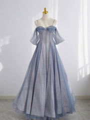 Party Dress Shop Near Me, Gray Blue Tulle Tea Length Prom Dress, Blue A line Formal Dresses