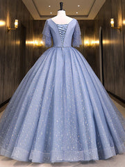 Bridesmaid Dresse Styles, Gray Blue V Neck Tulle Long Prom Dress, Blue Long Sweet 16 Dresses