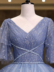 Bridesmaid Dress Stylee, Gray Blue V Neck Tulle Long Prom Dress, Blue Long Sweet 16 Dresses
