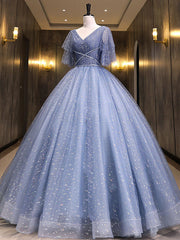 Bridesmaid Dress Style, Gray Blue V Neck Tulle Long Prom Dress, Blue Long Sweet 16 Dresses