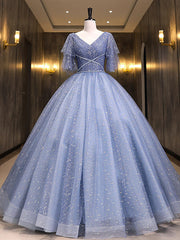 Bridesmaids Dress Styles, Gray Blue V Neck Tulle Long Prom Dress, Blue Long Sweet 16 Dresses