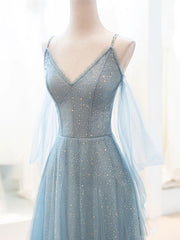 Tulle Dress, Gray Blue V Neck Tulle Sequin Long Prom Dress, Blue Evening Dress