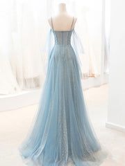 Prom Dress Aesthetic, Gray Blue V Neck Tulle Sequin Long Prom Dress, Blue Evening Dress