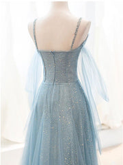 Winter Formal Dress Short, Gray Blue V Neck Tulle Sequin Long Prom Dress, Blue Evening Dress