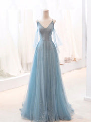 Functional Dress, Gray Blue V Neck Tulle Sequin Long Prom Dress, Blue Evening Dress