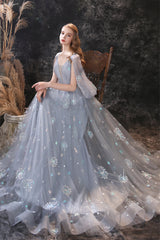 Rustic Wedding Dress, Gray Dandelion Lace V-neck Beading Back Prom Dresses