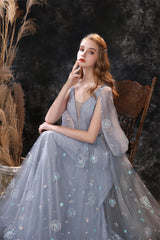 Summer Wedding Color, Gray Dandelion Lace V-neck Beading Back Prom Dresses