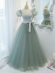 Homecoming Dress Fitted, Gray Green A-Line Tulle Long Prom Dress, Gray Green Formal Dress