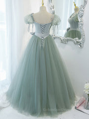 Homecoming Dresses Fitted, Gray Green A-Line Tulle Long Prom Dress, Gray Green Formal Dress