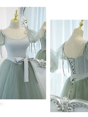 Homecomming Dresses Fitted, Gray Green A-Line Tulle Long Prom Dress, Gray Green Formal Dress