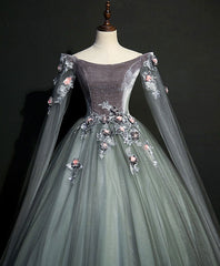 Evening Dress With Sleeves, Gray Green Tulle Lace Long Prom Dress Gray Tulle Formal Dress