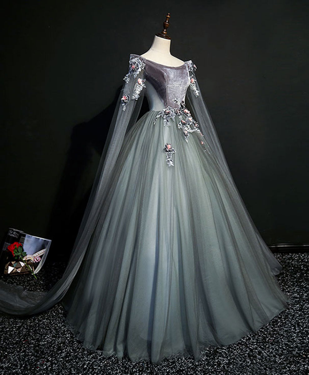 Evening Dresses Floral, Gray Green Tulle Lace Long Prom Dress Gray Tulle Formal Dress