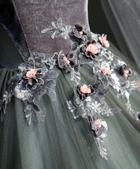 Evenning Dress For Wedding Guest, Gray Green Tulle Lace Long Prom Dress Gray Tulle Formal Dress