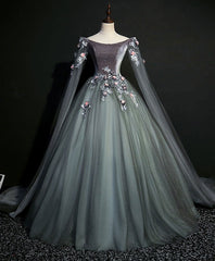Evening Dress With Sleeve, Gray Green Tulle Lace Long Prom Dress Gray Tulle Formal Dress