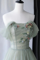 Bridesmaids Dresses Green, Gray Green Tulle Long Prom Dress, Lovely Off Shoulder A-Line Evening Dress