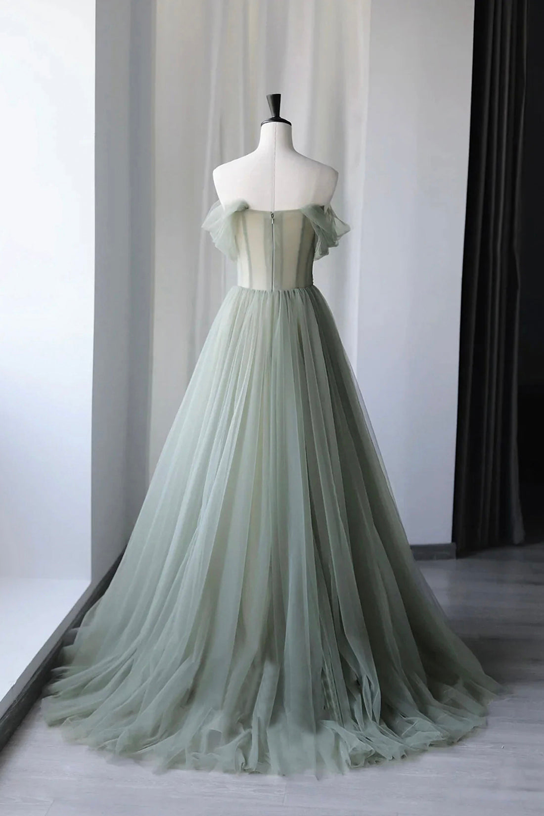 Bridesmaides Dresses Green, Gray Green Tulle Long Prom Dress, Lovely Off Shoulder A-Line Evening Dress