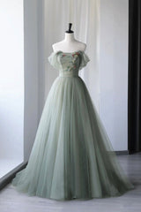 Bridesmaid Dress Green, Gray Green Tulle Long Prom Dress, Lovely Off Shoulder A-Line Evening Dress
