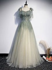 Party Dresses Cocktail, Gray Green Tulle Sequin Beads Long Prom Dress, Green Evening Dress