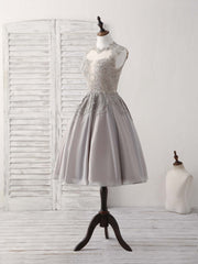 Bridesmaid Dress Blush, Gray High Neck Lace Chiffon Short Prom Dress Gray Bridesmaid Dress