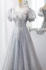 Homecoming Dress Lace, Gray Lace Long A-Line Prom Dress with Sequins, Cute Short Sleeve Evening Dress