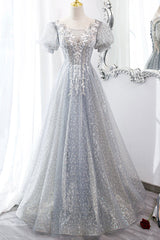 Homecomming Dresses Lace, Gray Lace Long A-Line Prom Dress with Sequins, Cute Short Sleeve Evening Dress