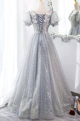 Homecoming Dresses Laces, Gray Lace Long A-Line Prom Dress with Sequins, Cute Short Sleeve Evening Dress