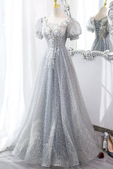 Homecoming Dresses Lace, Gray Lace Long A-Line Prom Dress with Sequins, Cute Short Sleeve Evening Dress