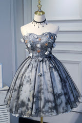 Party Dress In Store, Gray Lace Strapless Short Prom Dress, A-Line Sweetheart Neckline Party Dress